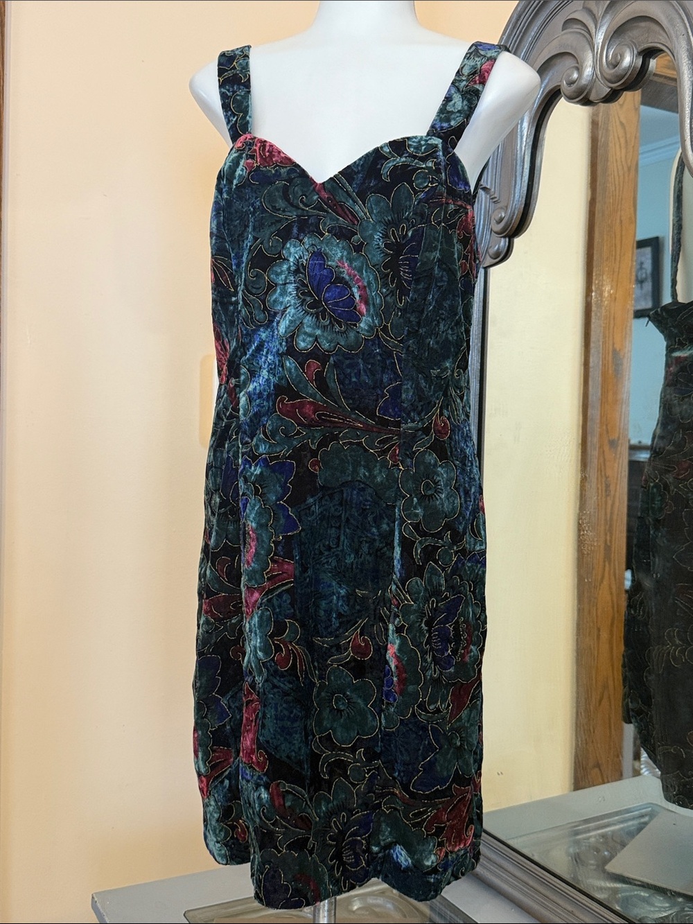 Vintage Rampage 11 Velvet Floral Mini Dress in Teal, Burgundy and Navy